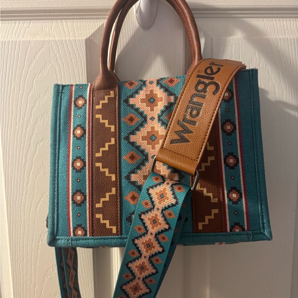 Wrangler Turquoise and Brown Geometric Tote - Picture 3 of 5
